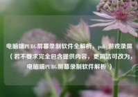 电脑端PUBG屏幕录制软件全解析，pubg游戏录屏 （若不要求完全包含提供内容，更简洁可改为，电脑端PUBG屏幕录制软件解析 ）