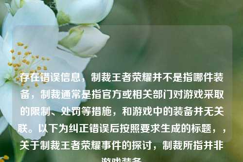存在错误信息，制裁王者荣耀并不是指哪件装备，制裁通常是指官方或相关部门对游戏采取的限制、处罚等措施，和游戏中的装备并无关联。以下为纠正错误后按照要求生成的标题，，关于制裁王者荣耀事件的探讨，制裁所指并非游戏装备