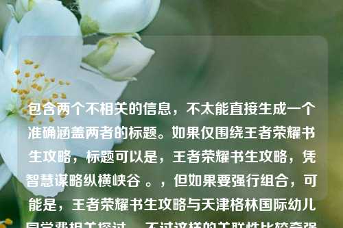 包含两个不相关的信息,不太能直接生成一个准确涵盖两者的标题。如果仅围绕王者荣耀书生攻略,标题可以是,王者荣耀书生攻略,凭智慧谋略纵横峡谷 。,但如果要强行组合,可能是,王者荣耀书生攻略与天津格林国际幼儿园学费相关探讨 ,不过这样的关联性比较牵强。你可根据实际需求进一步明确或调整。