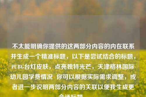 不太能明确你提供的这两部分内容的内在联系并生成一个精准标题,以下是尝试结合的标题,PUBG台灯皮肤,点亮独特光芒,天津格林国际幼儿园学费情况 你可以根据实际需求调整,或者进一步说明两部分内容的关联以便我生成更合适标题 。