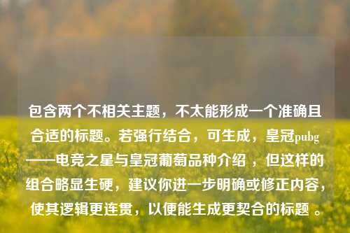 包含两个不相关主题,不太能形成一个准确且合适的标题。若强行结合,可生成,皇冠pubg——电竞之星与皇冠葡萄品种介绍 ,但这样的组合略显生硬,建议你进一步明确或修正内容,使其逻辑更连贯,以便能生成更契合的标题 。