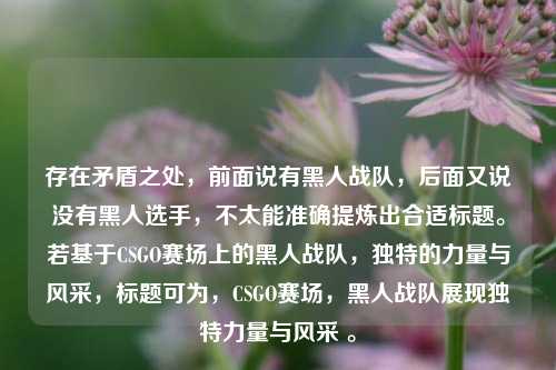 存在矛盾之处,前面说有黑人战队,后面又说没有黑人选手,不太能准确提炼出合适标题。若基于CSGO赛场上的黑人战队,独特的力量与风采,标题可为,CSGO赛场,黑人战队展现独特力量与风采 。
