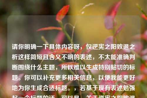 请你明确一下具体内容呀,仅逆宪之阳败退之析这样简短且含义不明的表述,不太能准确判断围绕什么主题,所以难以生成特别贴切的标题。你可以补充更多相关信息,以便我能更好地为你生成合适标题。,若基于现有表述勉强起一个标题的话,可以是,关于逆宪之阳败退的剖析